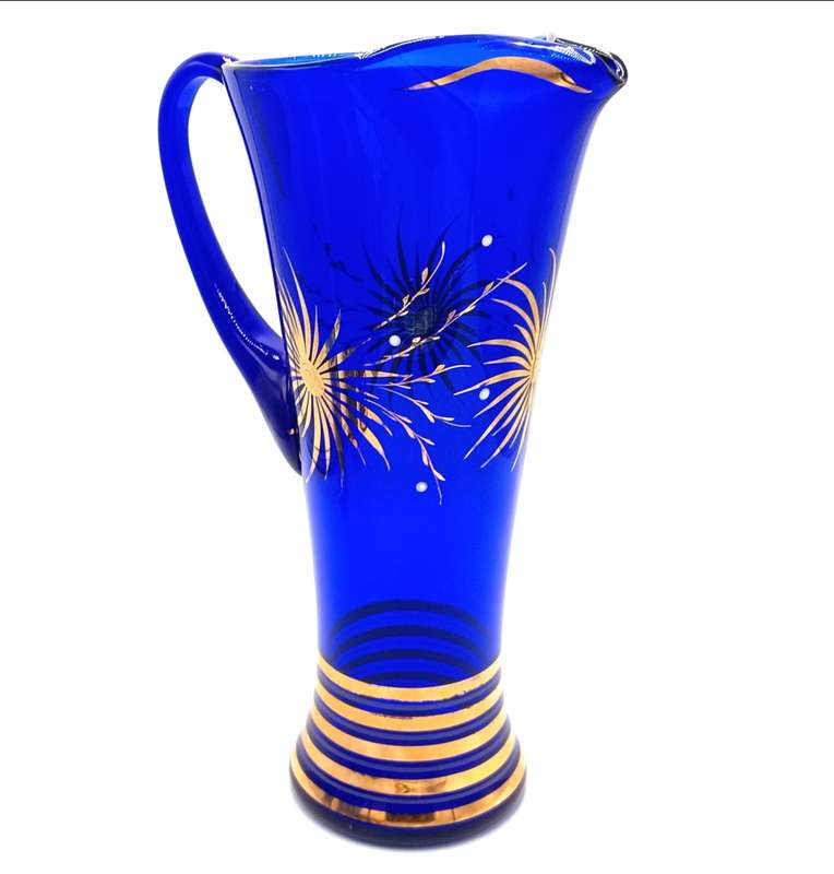 Vintage Venetian blue glass pitcher with 3 glasses