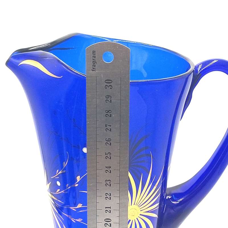 Vintage Venetian blue glass pitcher with 3 glasses
