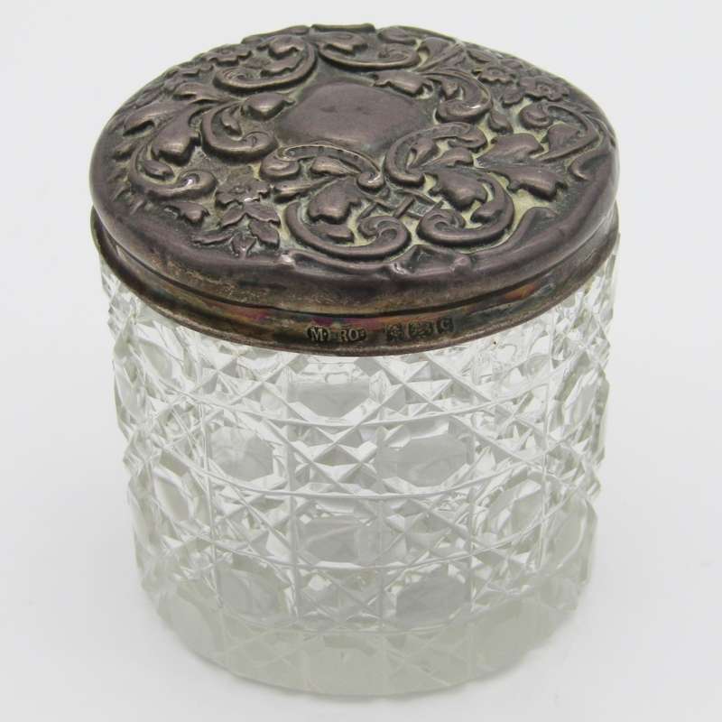 Antique dressing table holder with hallmarked sterling silver lid