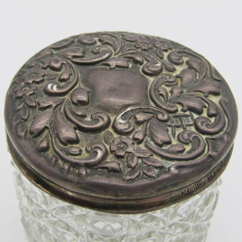 Antique dressing table holder with hallmarked sterling silver lid