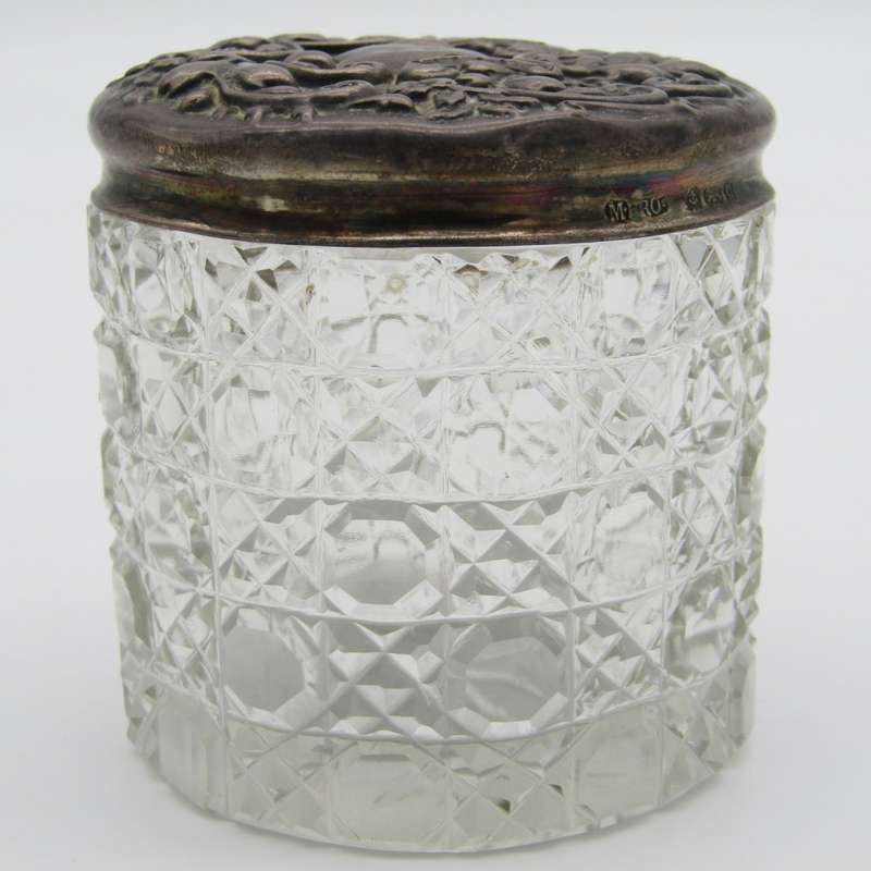 Antique dressing table holder with hallmarked sterling silver lid