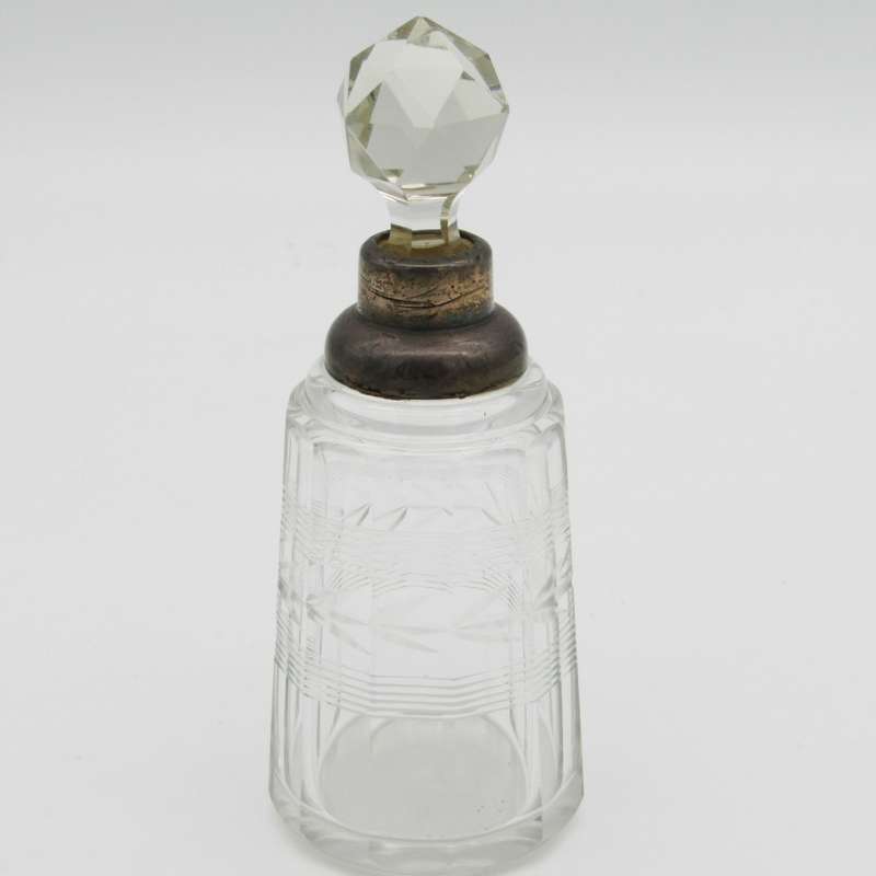Antique dressing table mini crystal decanter with hallmarked sterling silver rim