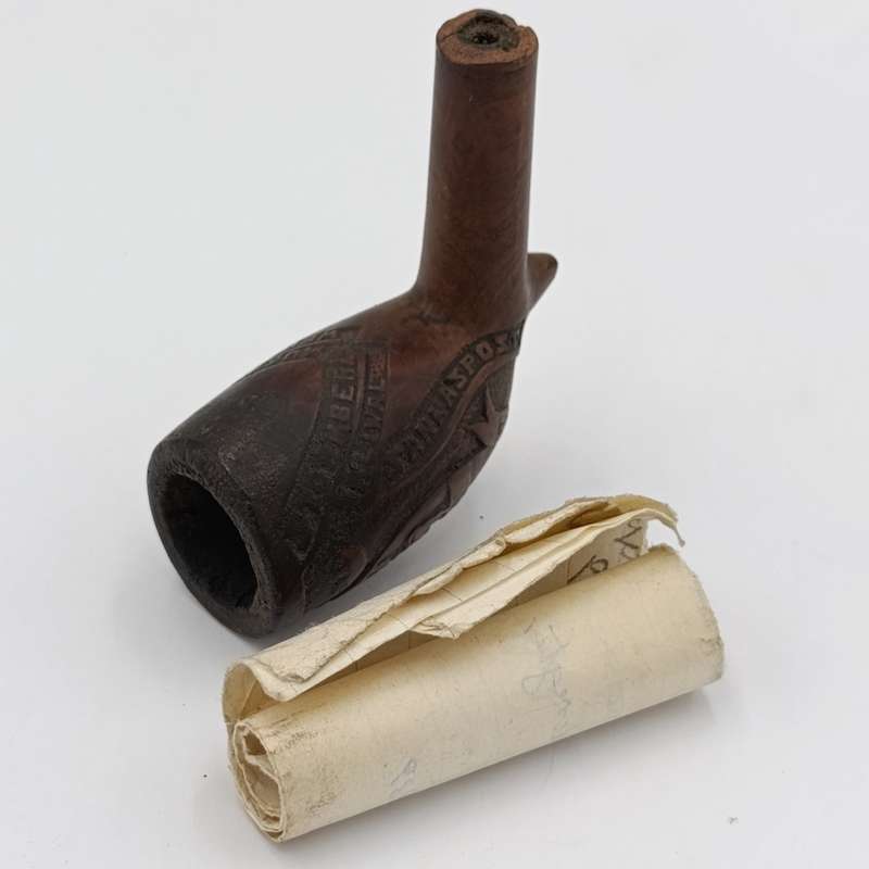 Beautiful Orange Free State carved smoking pipe bowl with letter saying who it belonged to