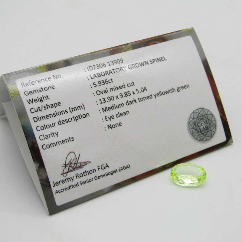 Lab grown Spinel of 5,936 carat - oval mixed cut - Medium dark toned yellowish green