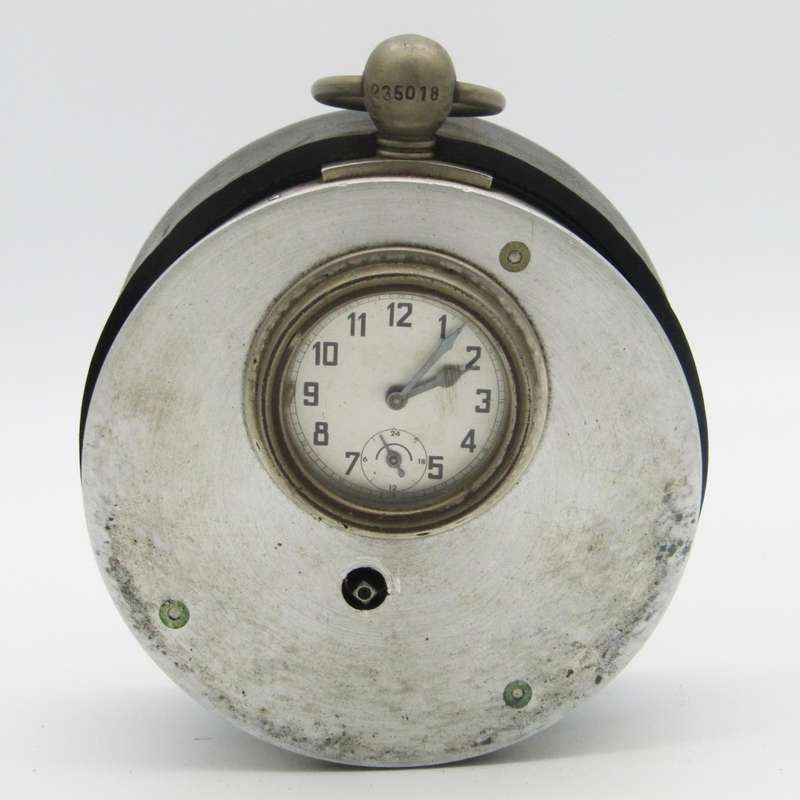 Vintage Night watchman guard clock in leather pouch - no keys - working