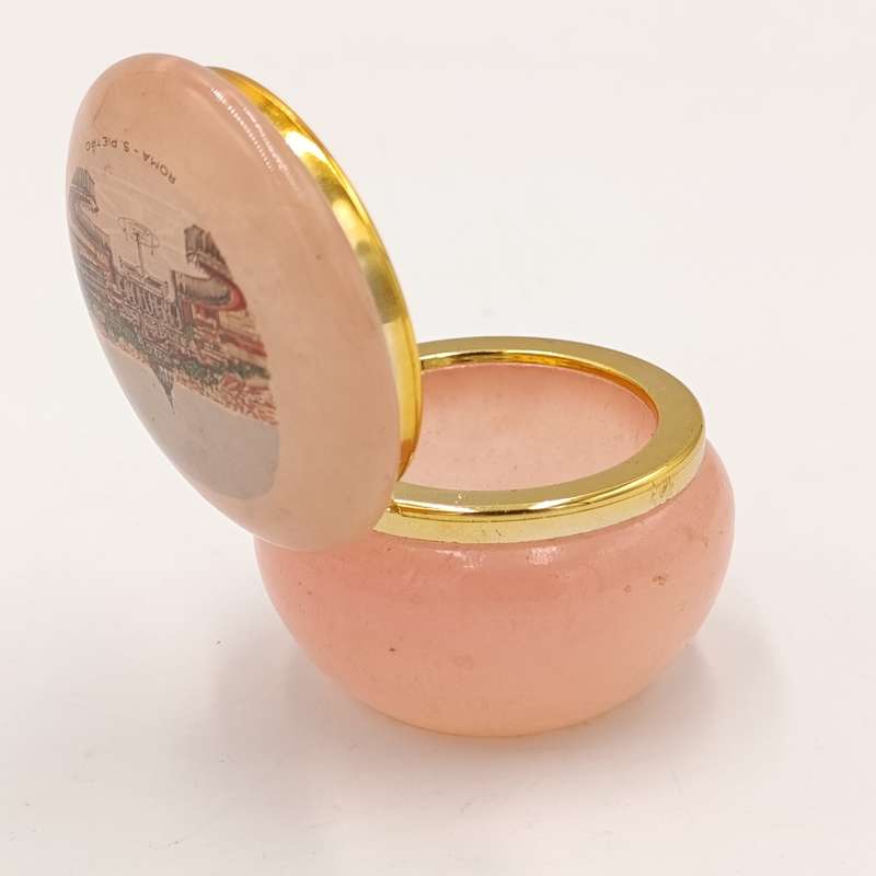 Vintage pink alabaster trinket holder with picture of Rome on lid