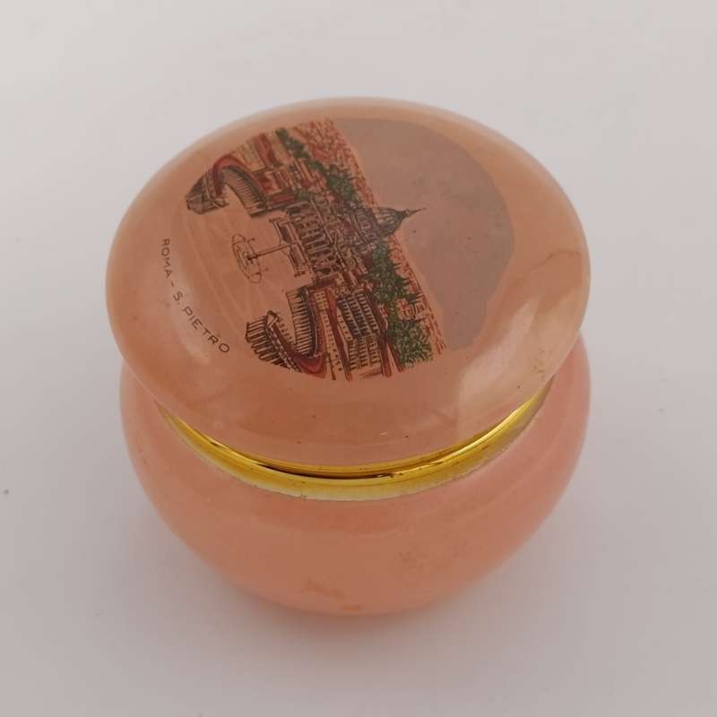 Vintage pink alabaster trinket holder with picture of Rome on lid