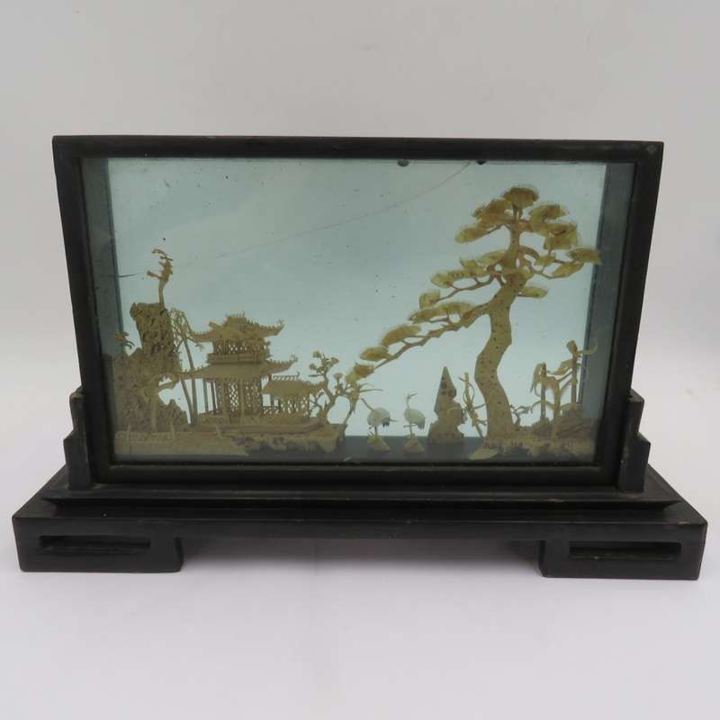 Vintage Chinese Cork artwork in glass case - glass cracked