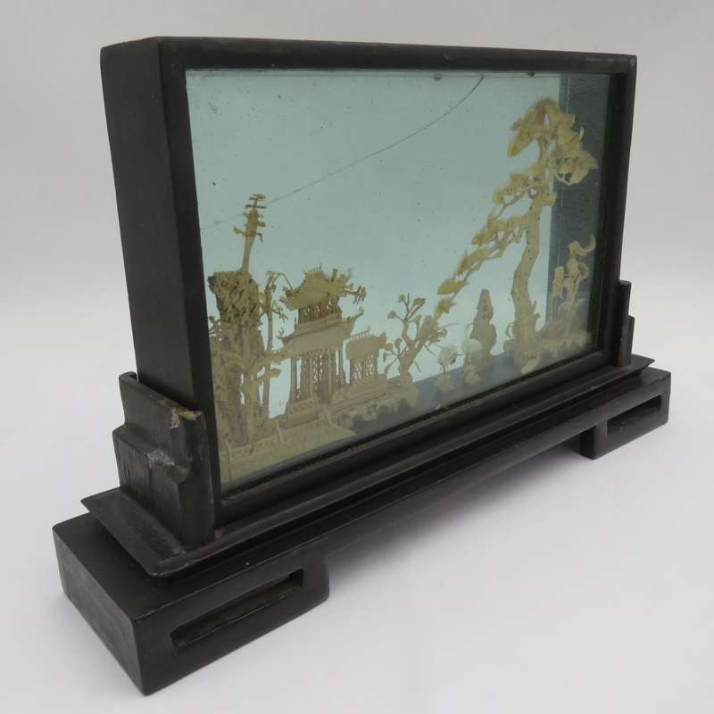 Vintage Chinese Cork artwork in glass case - glass cracked