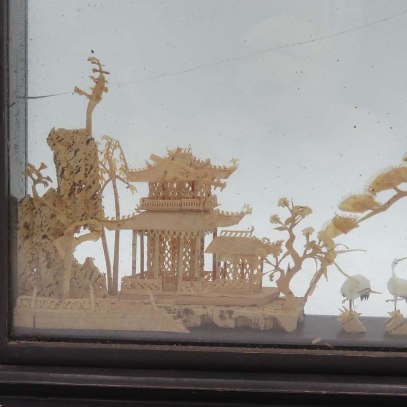 Vintage Chinese Cork artwork in glass case - glass cracked