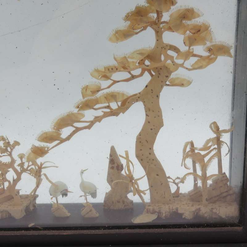 Vintage Chinese Cork artwork in glass case - glass cracked