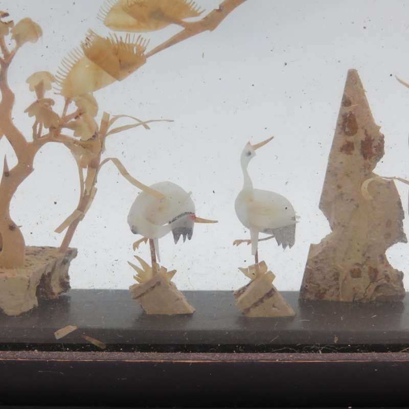Vintage Chinese Cork artwork in glass case - glass cracked