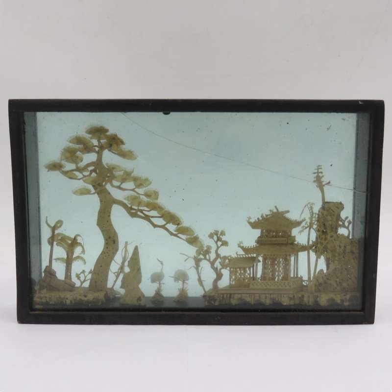 Vintage Chinese Cork artwork in glass case - glass cracked