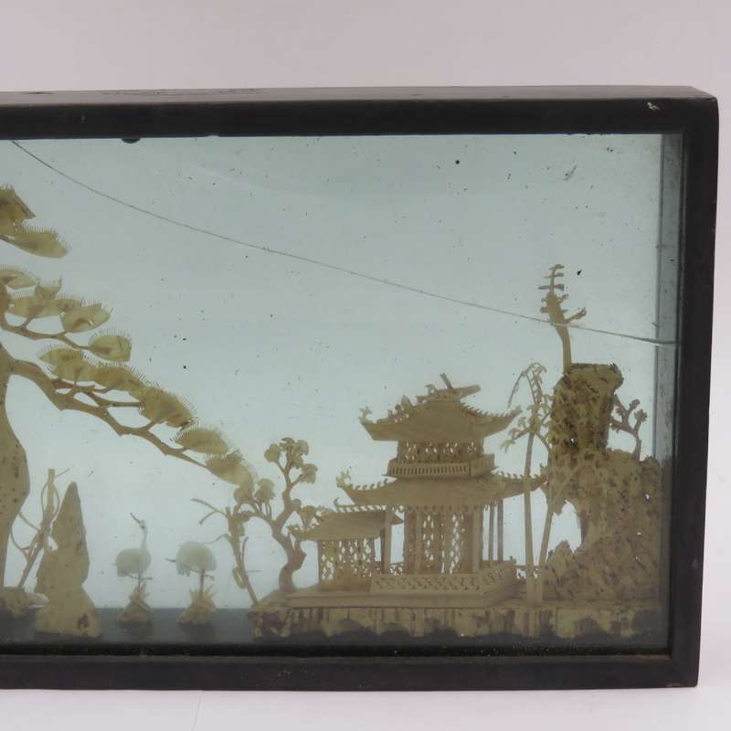 Vintage Chinese Cork artwork in glass case - glass cracked