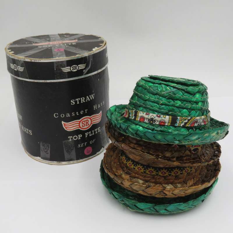Vintage Top Flite set of 4 straw coaster hats in box - circa 1960`s