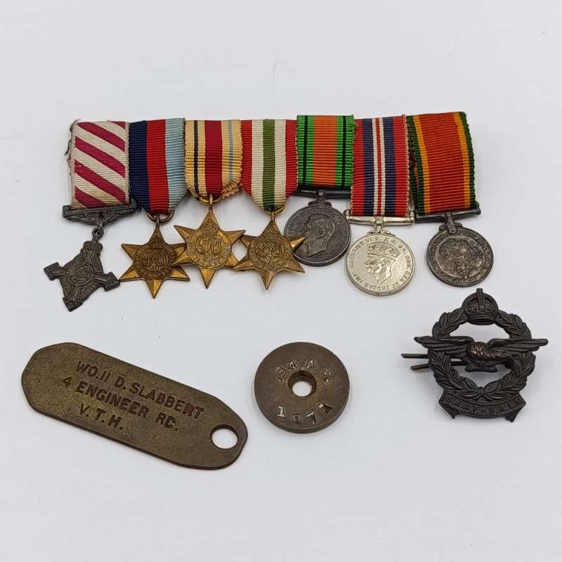 WW2 Air Force Cross miniature medal set with dogtag and SAAF token - dogtag named WO.II D. Slabbert
