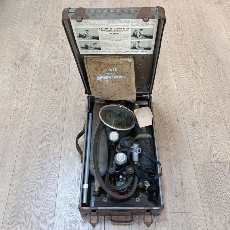 Antique 1920`s Mine Safety H-H Inhalator appliance in case with gasmask