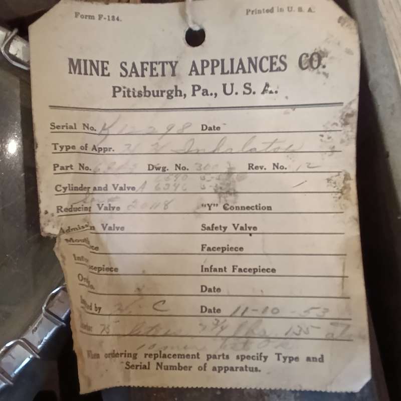 Antique 1920`s Mine Safety H-H Inhalator appliance in case with gasmask