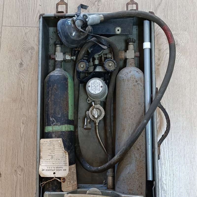 Antique 1920`s Mine Safety H-H Inhalator appliance in case with gasmask