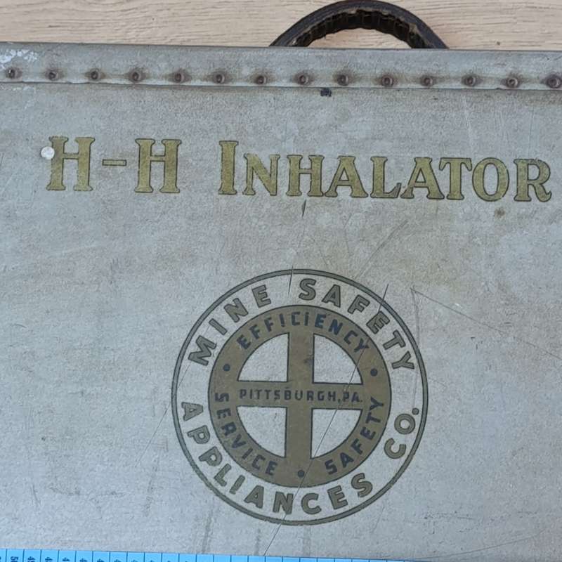 Antique 1920`s Mine Safety H-H Inhalator appliance in case with gasmask