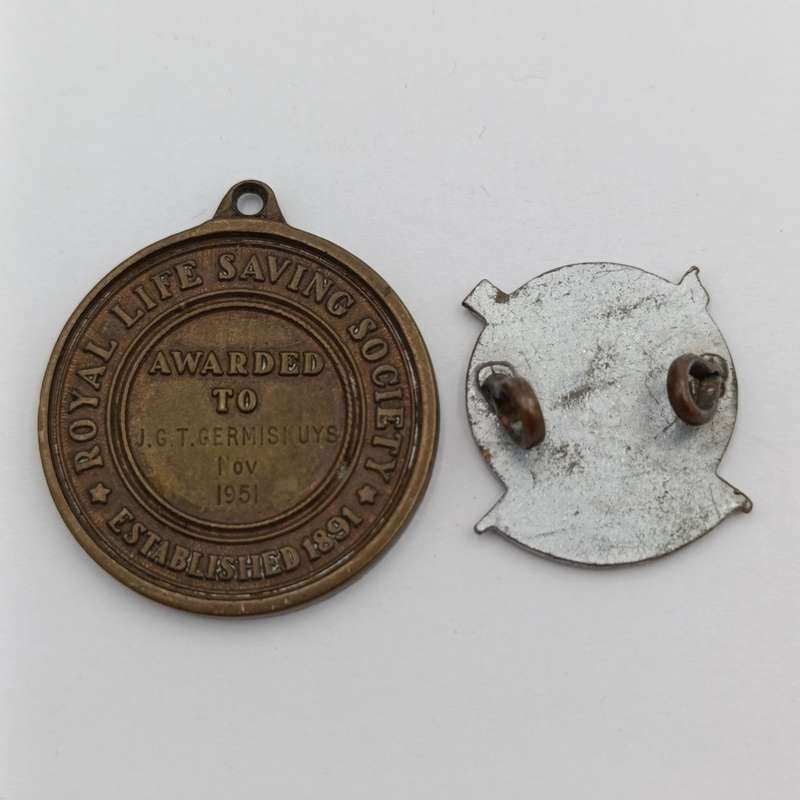 Royal Life saving society medal and badge of J.G.T Germishuys