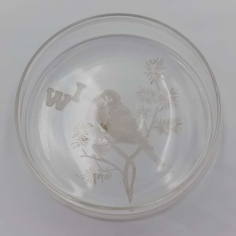 Vintage Lead Glass trinket bowl with sparrow etching on lid