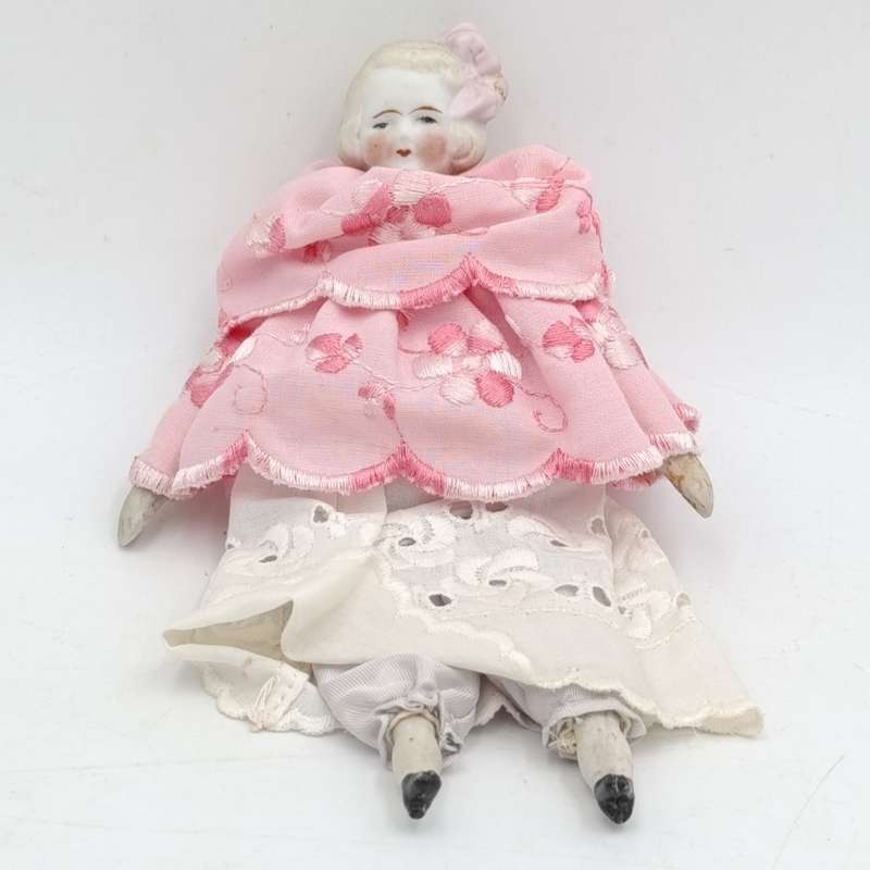 Antique blond hair rosy cheeks bisque doll - late 1800's - 17cm long