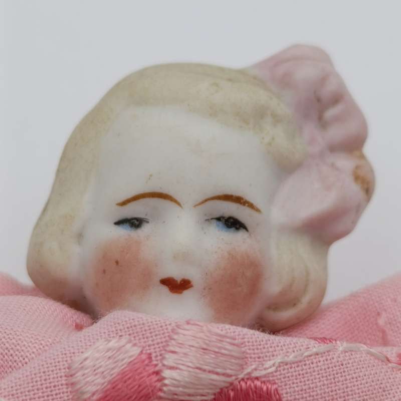 Antique blond hair rosy cheeks bisque doll - late 1800's - 17cm long