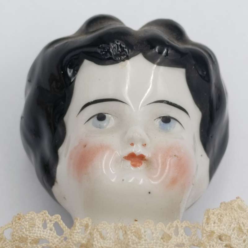 Antique German 12 inch flat top China head doll - Rosy cheeks blue eyes