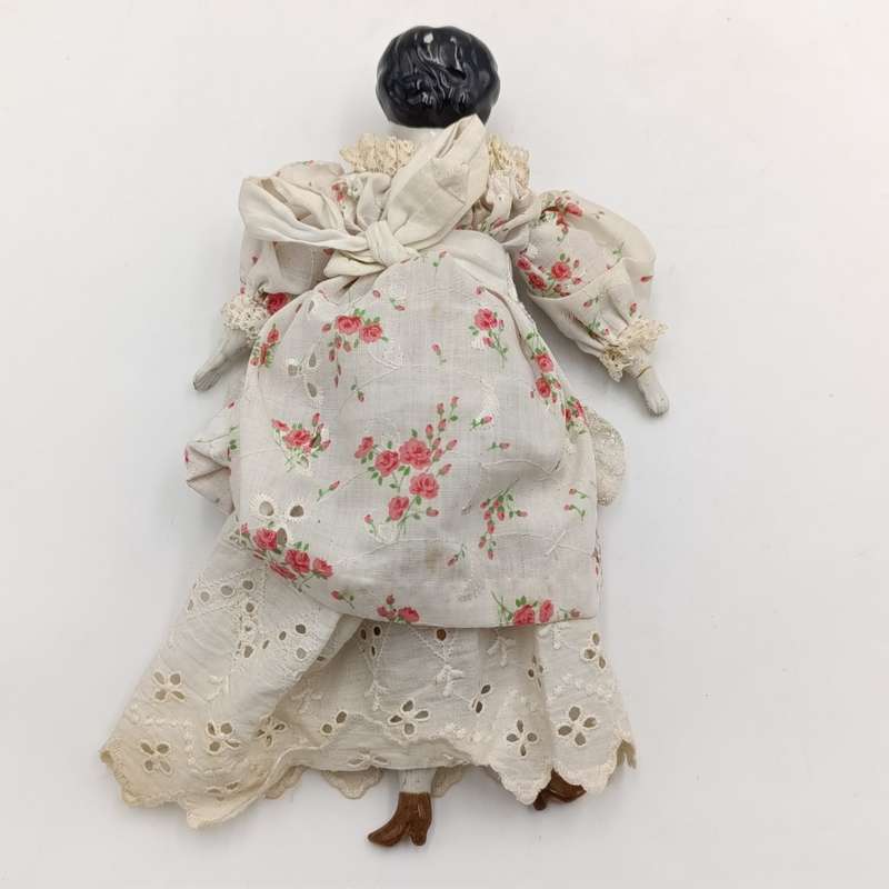 Antique German 12 inch flat top China head doll - Rosy cheeks blue eyes