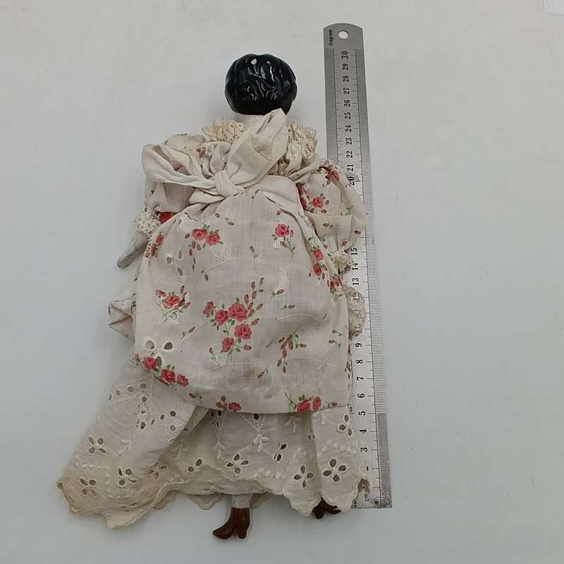Antique German 12 inch flat top China head doll - Rosy cheeks blue eyes
