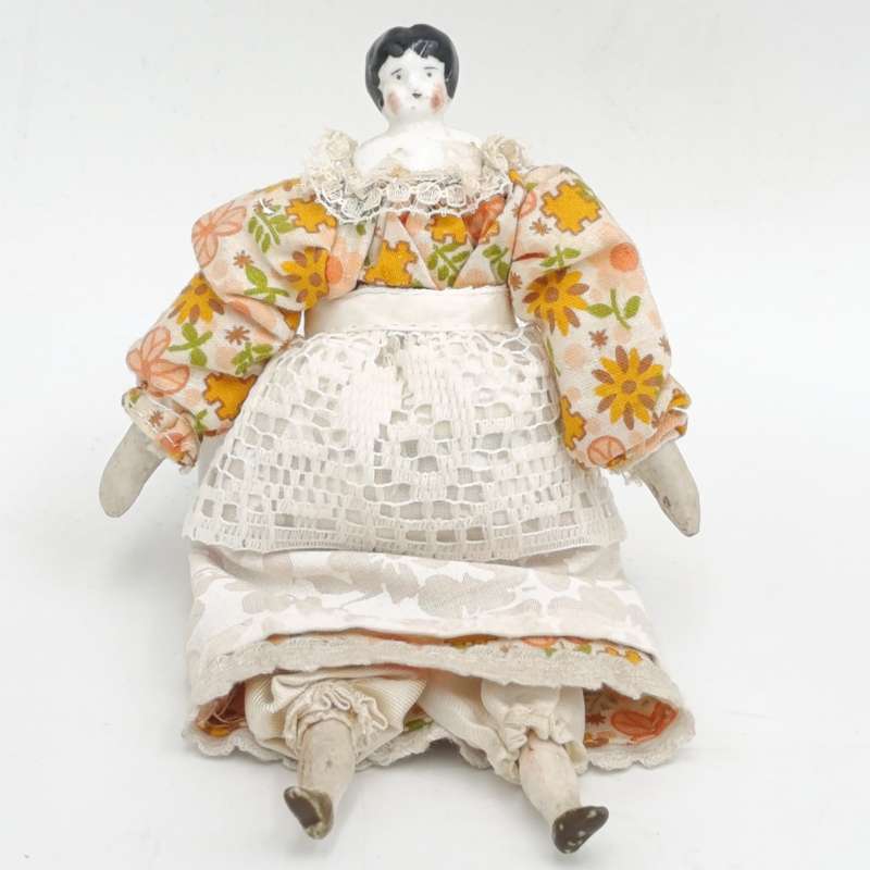Late 1800's German dark hair rosy cheeks antique doll - 15cm long