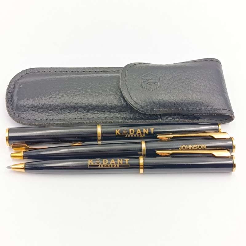 Original Waterman 3 pen set including fountain pen - Kodant Johnson advertising in leather pouch