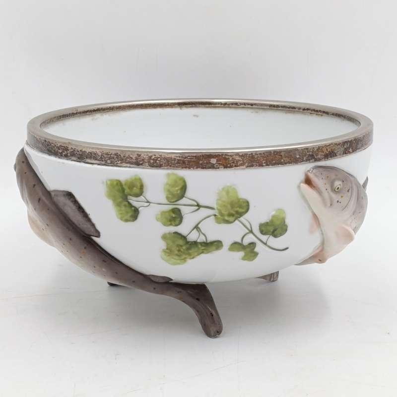 Antique Musterschutz fish bowl with WMF silverplated trimming