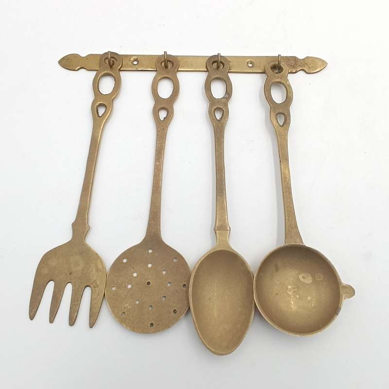 Set of vintage brass wall hanging utensils