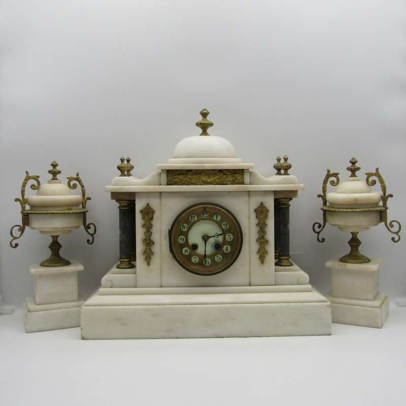 Antique AD Mougin white marble mantel clock with garnitures