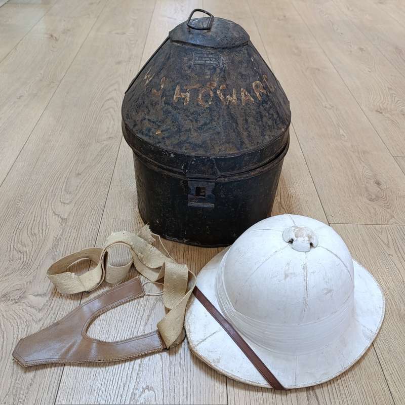 Boer War British Wolseley Pith helmet in steel tin marked W.S Howard