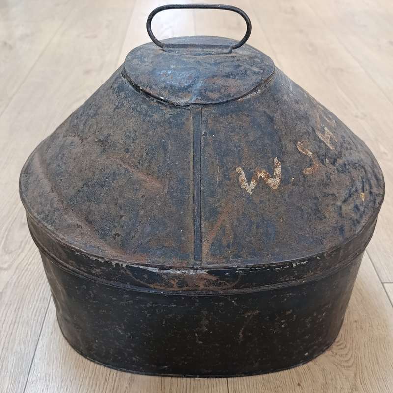 Boer War British Wolseley Pith helmet in steel tin marked W.S Howard