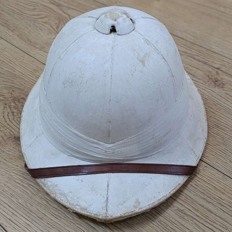 Boer War British Wolseley Pith helmet in steel tin marked W.S Howard