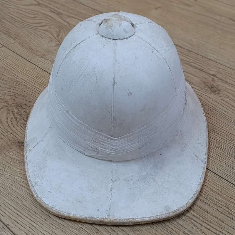 Boer War British Wolseley Pith helmet in steel tin marked W.S Howard
