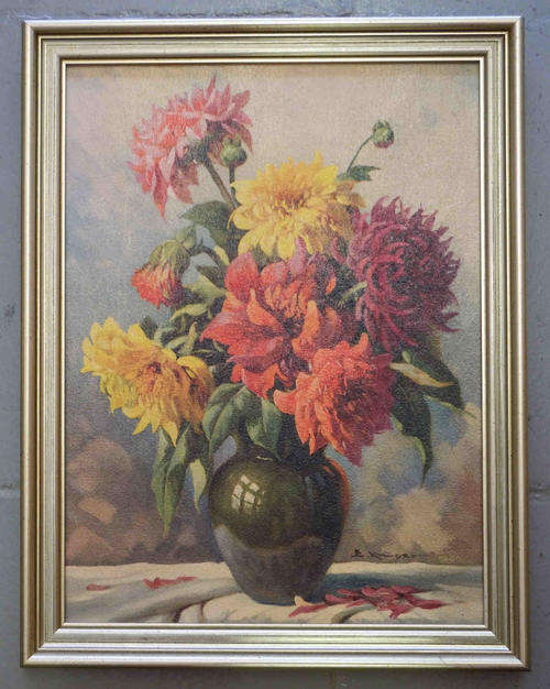 E. Kruger framed print of flowers - 43 x 32cm with frame - 37 x 27.5 without