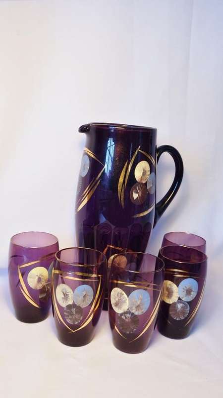 Handpainted 1954 jug with 5 glasses - as per photo
