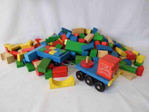 Wooden truck and trailer with 240 wooden blocks - as per photo