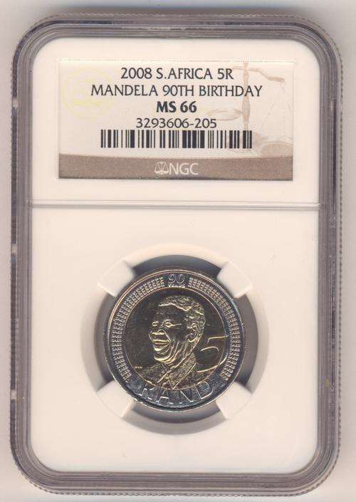 2008 South Africa R5 Mandela 90th birthday - graded MS 66 by NGC