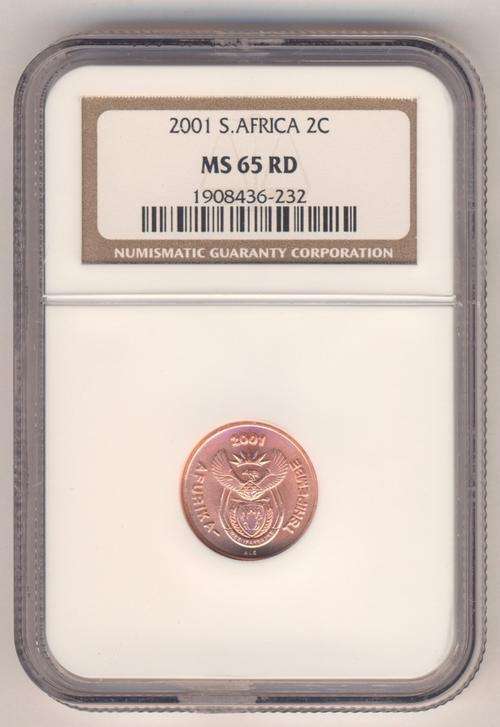 2001 South Africa 2 cent graded MS 65 RD by NGC