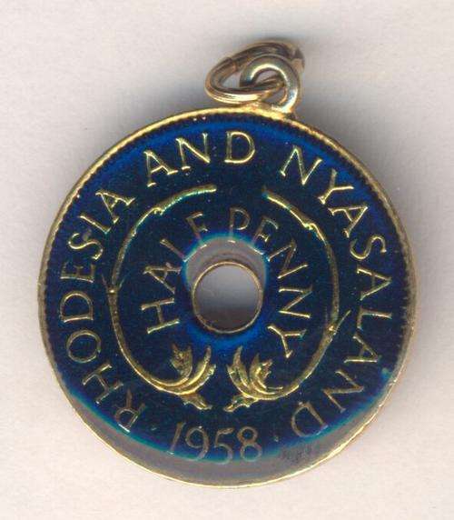 1958 Rhodesia and Nyasaland half penny gilded coin pendant