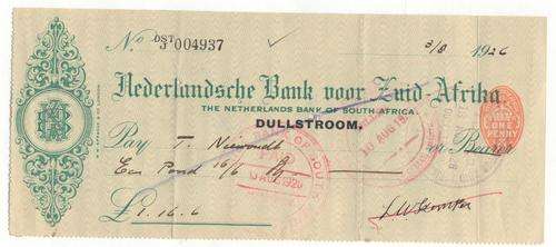 Nederlansche Bank voor Zuid Afrika 1926 cheque for1 pound 16 shillings and six pence - Dullstroom