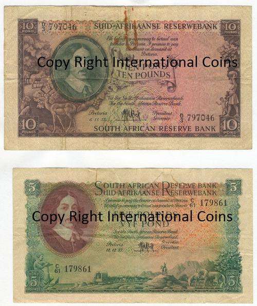 Lot of 4 damaged SA banknotes 2 x 1 pound, 5 pound, 10 pound