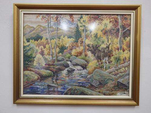 cross-stitch with woodlands scene with moose - 68 cm x 54 cm in frame