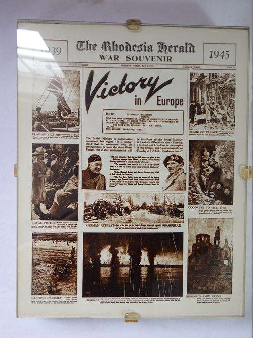 Rhodesia Herald Victory in Europe 1945 Salisburg miniature print on frame - reproduction